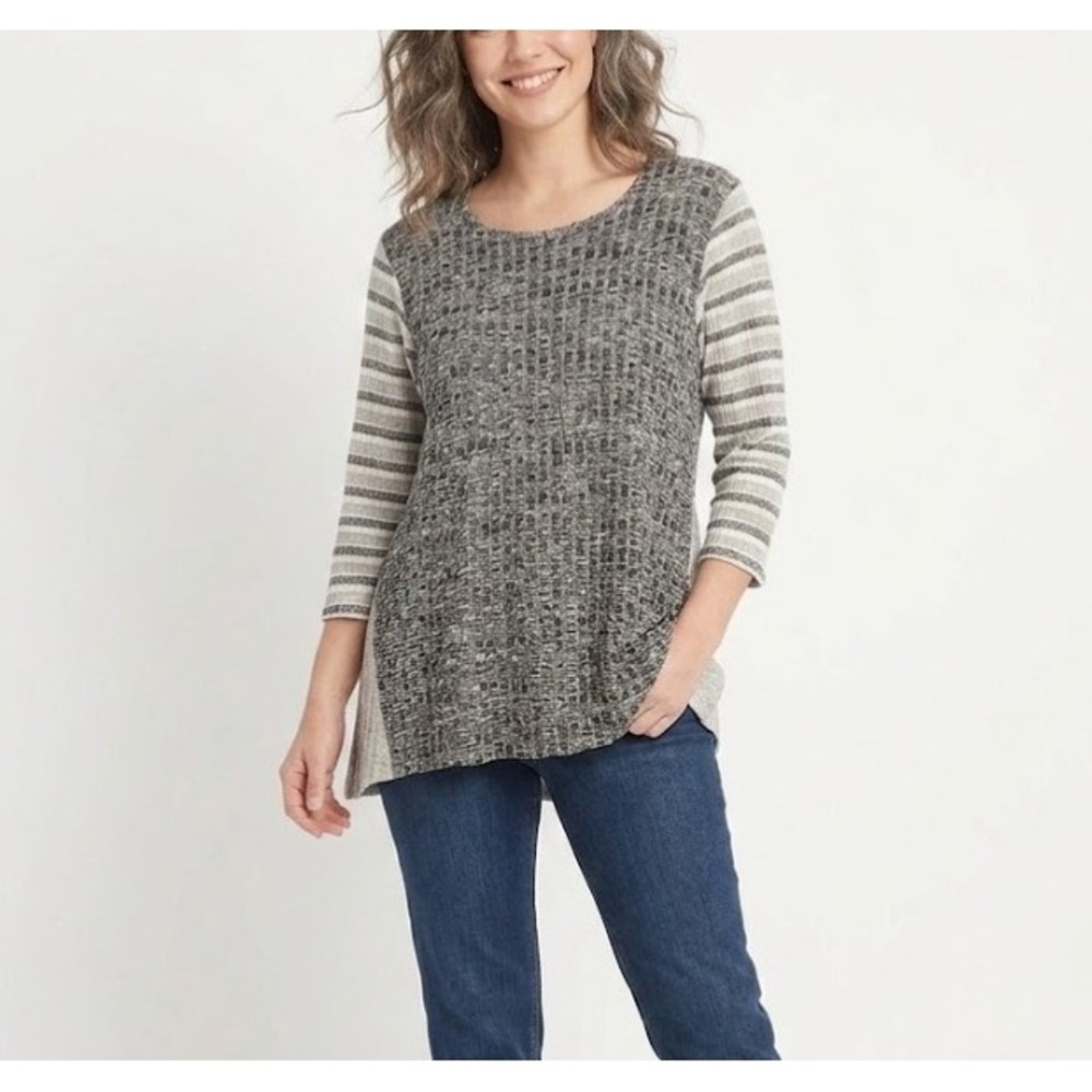 Barbara Katz size XL Gray Color-Block Stretch Knit 3/4 Sleeve Pullover Top